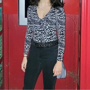 Women's Black and White Leopard Print Bodysuit